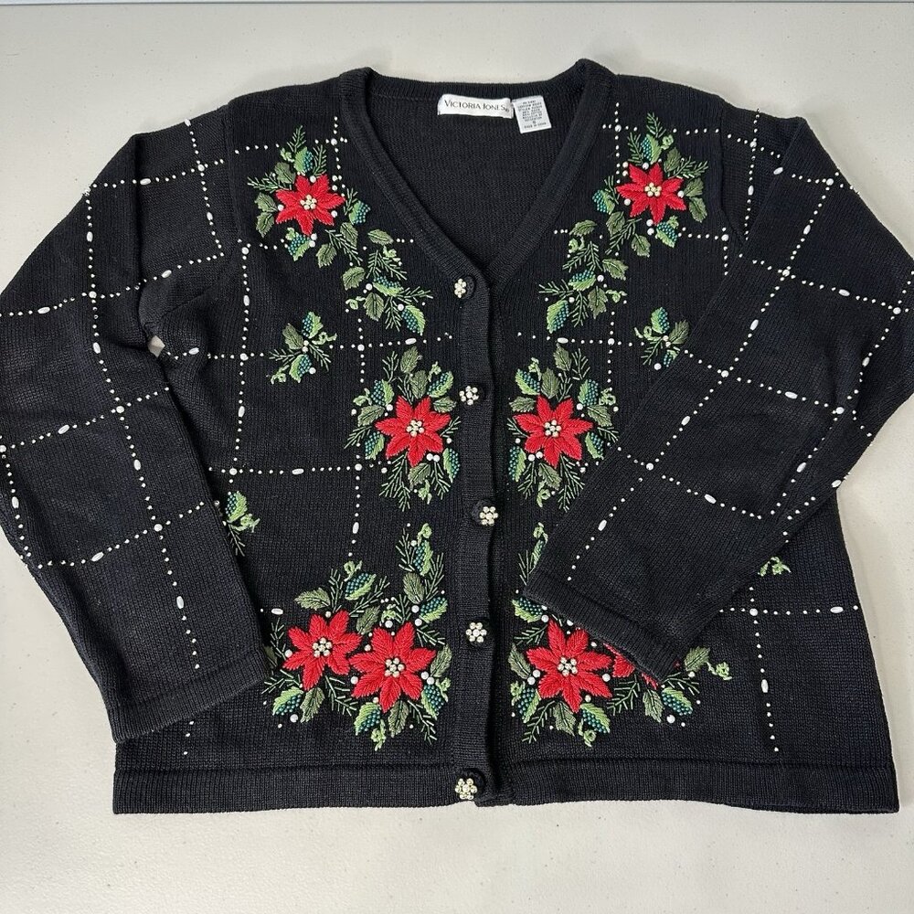 Vtg Victoria Jones Christmas Sweater‎ Poinsettia Embroidered Beaded Small
